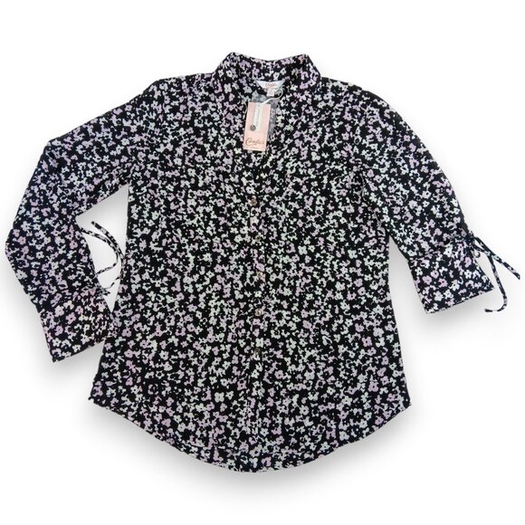 CANDIE'S-Women's Floral Button down-Top-MEDIUM-Black-White-Purple-Work-Casual - Picture 2 of 16